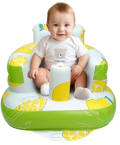 AirSwim Uppblåsbar barnstol, uppblåsbar babystol för spädbarn, 3 månader och upp, uppblåsbar sommarstol med inbyggd luftpump, spädbarnsgolvsoffa för att lära sig sitta på, palying, camping, citron