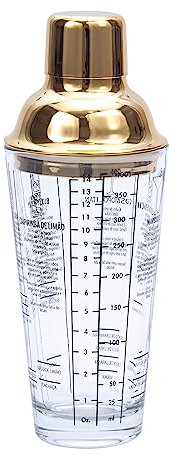 AUOXIOUYM Coctelera de vidrio con recetas en el lateral, coctelera de Martini de 13.5 onzas, cubierta dorada con colador para bebidas con taza de vidrio para el hogar