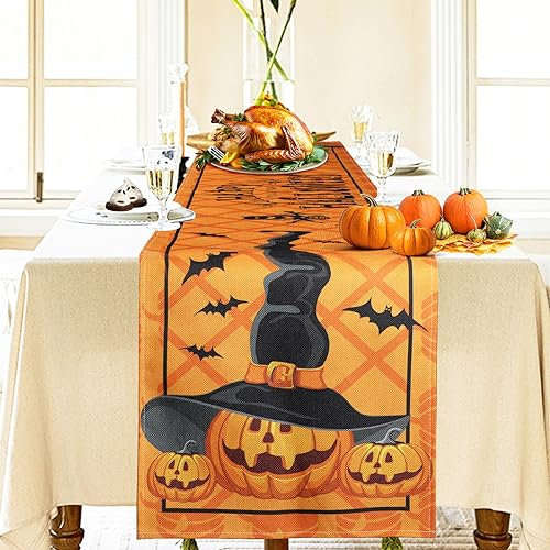 Bigqin Runner Lino,Runner Da Tavolo Per Halloween, Zucca Caramelle Pipistrello Dolcetto Per Feste Del Tavolo Da Pranzo Decorazione Della Cucina 33 X 183 Cm