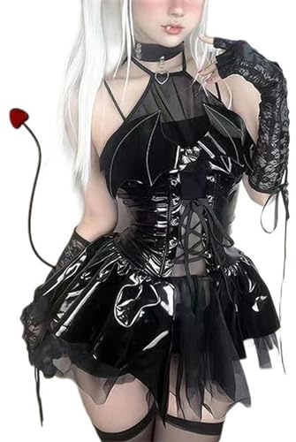 AYAZER Devil Girl PU-läderdräkt för kvinnor, Succubus, cosplay, underkläder kostymer, halterneckholder, transparent spetskjol, sexig pyjamas, uniform, för flickor, svart, M