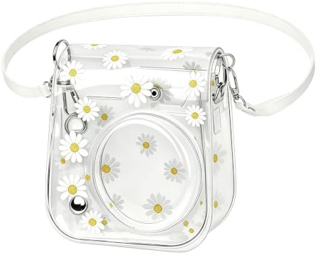 Protective Case for Instax Mini 11/9/8 Instant Camera for Travel Vacation | Transparent PVC Instax Camera Cover | With Adjustable Strap for Holiday Travel Group Photos | Clear Daisy Print