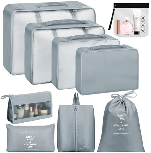 Koffer Organizer Set,9 Teilige Packing Cubes,Wasserdichte Reise Kleidertaschen, Packwürfel Packtaschen Set für Reise mit Transparentes Kulturbeutel, Kleidertaschen für Koffer,Grau