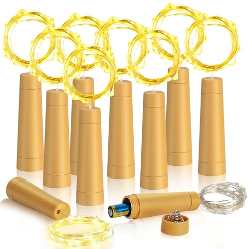 Ymenow 10 luci per bottiglie con timer, in sughero, 2 m, 20 LED, filo di rame, per interni, per bottiglie fai da te, albero di Natale, camera da letto, immagini floreali, bianco caldo
