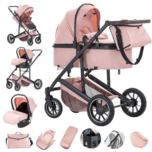 Gcarebb 3 in 1 Kinderwagen, Buggy Mit Auto Babyschale, Mit Höhenverstellbarer Kinderwagen Komplettset, KombiKinderwagen Mit Aluminiumrahmen für Neugeborene 0-4 Jahre