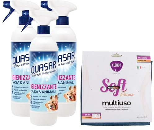 SET PULIZIA: 3x Quasar Detergente, IGIENIZZANTE CASA & ANIMALI, Senza Risciacquo, Ipoallergenico 580ml + Panno In Microfibra SOFT, Panno Multiuso (Colori Assortiti)