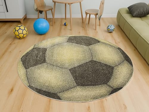 AKCILA Modischer Runder Kinderteppich Lima Fußball - Grau-Gelb 120 cm - Waschbarer Kinderzimmer Teppich - Spielteppich - Weicher Teppich Kinderzimmer - Ideal für Jungen – Dekoteppich