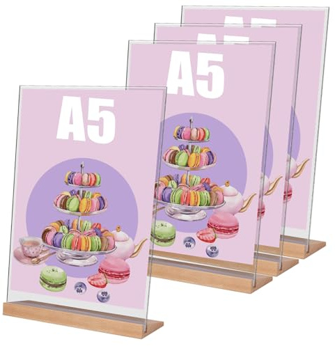 Yoosso A5 Tischaufsteller, 4 Stück L Form Preisschilder Aufsteller | Doppelseitig sichtbar, klares 2 mm Acryl, stabiler Holzsockel mit Silikonlippe, für Menü, Preisschild und Infokarte
