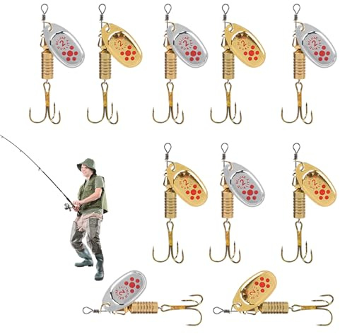 jlceh Esca artificiale, esca da pesca in oro e argento - Esche per trota e spigola 10 pezzi Spinnerbait Smooth Spoons Rigs - Il cucchiaio in metallo duro attira gli ami tripli 'acqua salata per