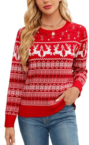 Suéter de Navidad Mujer Jersey Navideño Sudaderas Clásico Sweaters Christmas Cuello Redondo Pullover Punto Manga Larga Otoño Primavera Invierno Rojo XXL