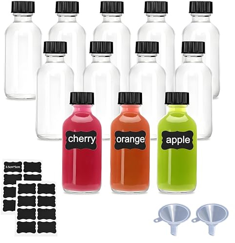 Kiswleon 12-Pack 4oz/120ml Glass Shot Bottles with Lids,Small Ginger Bottle with Funnels Labels,Small Glass Bottles with Lids for Ginger Shots Juice Alcohol Oil Sauces