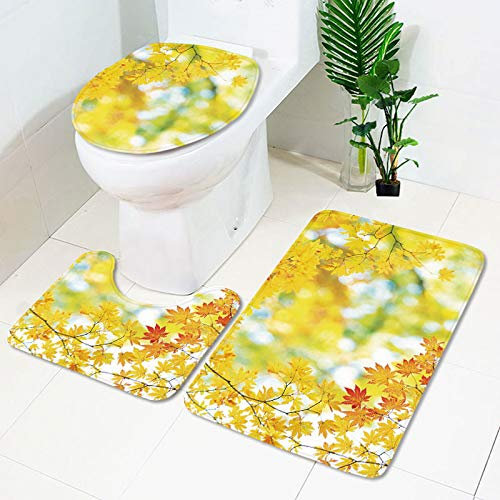 Bad Teppiche Set Gelbe Baumblätter Badezimmerteppich Waschbar WC Vorleger mit Ausschnitt und WC Deckelbezug 3 Teilig Badematte rutschfest Toilettensitzbezug Badgarnitur 50x80 cm