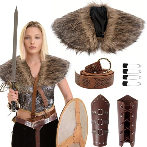 Hifot Wikinger Kostüm Herren Damen Kunstfell Kragen Mittelalter Accessoires Gürtel PU-Leder Armschienen Schal Capelet Wrap für Renaissance Knight Rider Deko Piraten 3 Stück