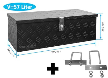 Truckbox DB055 Schwarz + inkl. Montagesatz MON3002 Deichselbox, Werkzeugbox, Alu Riffelblech, Transportbox, Alu Transportkiste, Anhängerkiste ca. 57 Liter