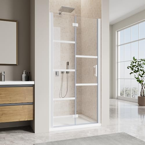 Bifold Shower Door 34 W x 72 H, UCALAFEE Glass Shower Door with 1/4 (6mm) Clear SGCC Tempered Glass, Easy-Clean & Anti-Fog Coating, Waterproof Seal for Bathroom Walk-in Shower, Matte White