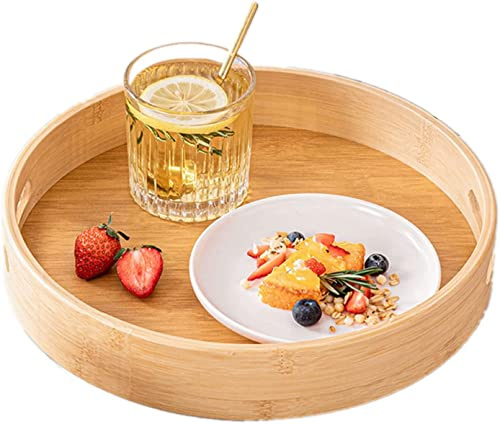 Dudoplatz Bambus-Serviertablett, Rundes Tablett Holz mit Griffen und erhöhtem Rand, Servierplatte für Lebensmittel Kaffee Wein Kaffee Tee Obst Mahlzeiten (35 x 35 x 5 cm)