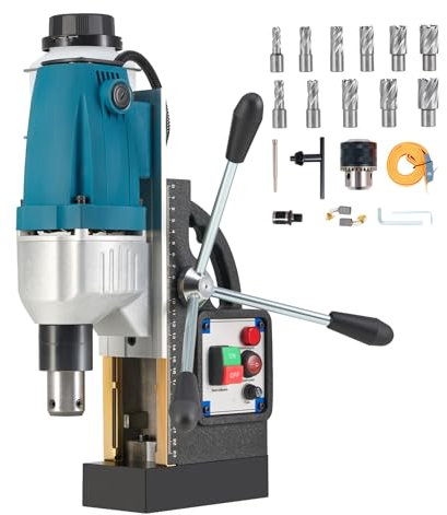 ZELCAN Magnetic Drill Press 1100W, Portable Electric Mag Drill with 40mm Boring Dia 12000N Force Electromagnetic Grip, 550 RPM Industrial Cutting Drilling Machine with 11 Drill Bits