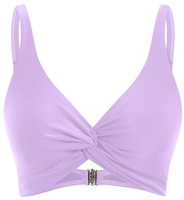 Damen Bauchfreies Schwimmoberteil mit V-Ausschnitt Push Up Bikini Oberteil Damen Sportlich Verstellbar Spaghettiträger Bikini Top Retro Sexy Triangel Swimwear Ruched Wickeloptik (Light Purple, XL)