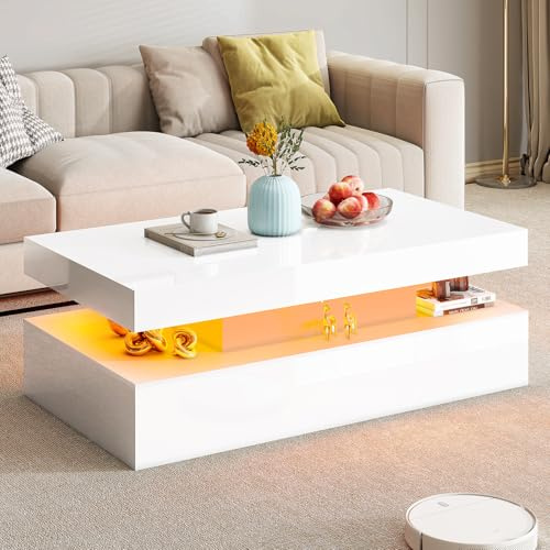 LUXOAK 100 cm Couchtisch Hochglanz mit LED, 2 Ebenen, Stauraum Weiß | RGB-Beleuchtung per App, Offene Ablagefläche, Modernes Design, Robuste Konstruktion, Vielseitig nutzbar
