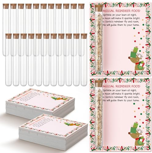 Epakh 100 Set Christmas Magic Reindeer Food Jar with Paper Card Christmas Eve Present Reindeer Food Clear Plastic Test Tubes with Cork Stoppers Xmas Tradition Gift Xmas Party Favor Decoration