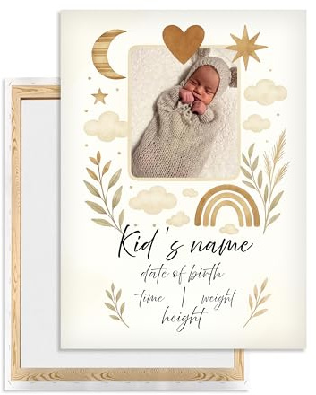 Ferocity Personalisiertes Geburtsbild 30 x 40 cm Geburtsanzeige Leinwand mit Foto & Geburtsdaten | Wanddeko fürs Babyzimmer | Geschenk zur Geburt Taufe Babyshower für Mädchen Motiv Regenbogen [128]