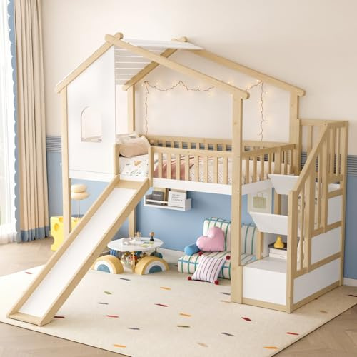 EURHCIO Lit Mezzanine 1 Place,Lit Mezzanine Enfant 90x200 avec Toboggan,Toit Unique,Fenêtres,Échelle de Rangement,Haute Barrière de lit,pour Garçons Filles