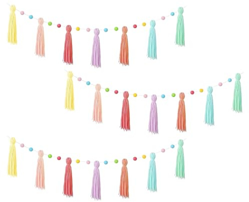 3er Set Makramee-Quasten-Girlande, Boho Quasten Girlande Holzperlen & Baumwoll Dekoration Für Klassenzimmer, Weihnachten, Party, Nursery 130cm Kinderfreundlich & Sofort
