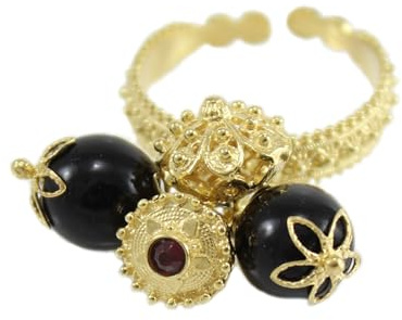 Filu & Trama Anello Sardegna in Argento 800 Placcato Oro con Onice Nero, Filigrana Sarda, Collezione Bottoni Tradizionali, Gioiello Artigianale (22)
