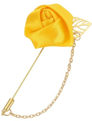 QUARKZMAN Alfiler De Solapa De Rosa Para Hombres, Broche De Flor Con Cadena De Hoja Dorada, Accesorio De Corsage De Flor De Satén Hecho A Mano Para Traje Esmoquin Corsage Boda, Amarillo