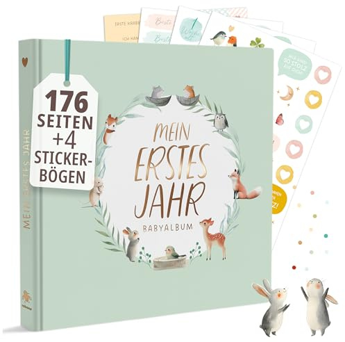 Rabano Mein Erstes Jahr Babyalbum | Hochwertiges Fotoalbum Baby Geschenk | Hochwertiges Fotoalbum Baby mit Goldprägung I 176 Seiten Baby Erinnerungsbuch I Geschenk zur Geburt für Junge und Mädchen