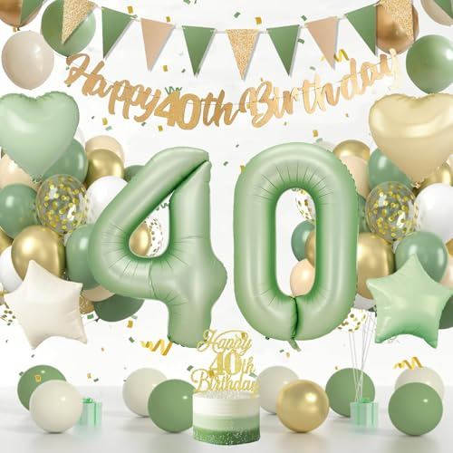 40 Geburtstag Deko, Deko 40 Geburtstag Frau Mann, 40 Geburtstag Mann Frauen | SalbeigrüNe Geburtstagsdeko 40 Luftballon mit Happy Birthday Banner, 40.Ter Geburtstag Dekoration, Party Dekoration Frau