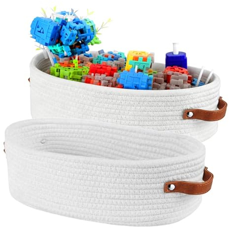 AMONENZ 2 Pièces Panier Tressé, 28 x 10 x 10 cm Panier de Rangement avec Poignée, Boite Rangement Salle de Bain Corde en Coton, Paniers en Corde de Coton Blanc, pour Salle Bain, Salon, Chambre