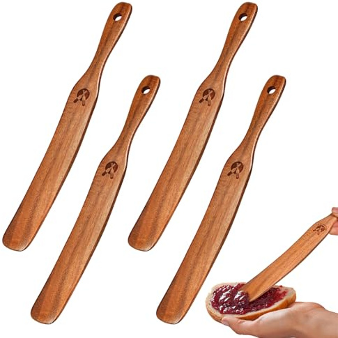 4 Pieces Curved Spurtle Wood, Skinny Spurtle for Starter, Reaching Bottom of Jar Scraper, Spreading, Baking, Mixing Spoon Stirring Stick, Wooden Kitchen Utensils for NonStick Cookware