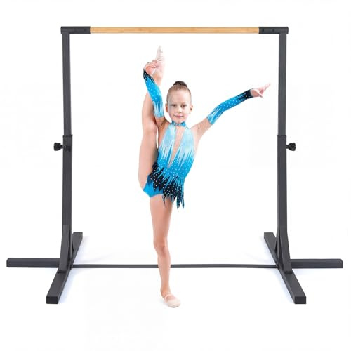 COSTWAY Sbarra per Ginnastica e Danza per Bambini e Bambine, Barra Ginnastica in Metallo e bambù Portatile e Regolabile in Altezza con Cuscinetti Antiscivolo, 195 x 121 x 85-145 cm (Nero)