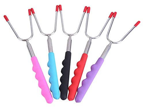 Phefop Palos Telescópicos para Barbacoa, Pinchos para Asar de Acero Inoxidable con de Goma, para Acampar, Barbacoa, Fiesta, Picnic, 5 uds.