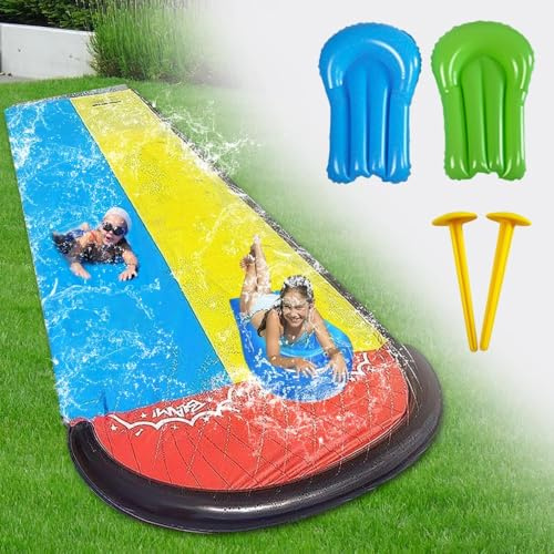KQWVZ 15.7ft/480cm Water Slides and 2 Bodyboards, Lawn Water Slides with Sprinkler,Lawn Water Slides For Kids, Inflatable Water Slides, Summer Garden Outdoor Toy with Built-in Sprinklers