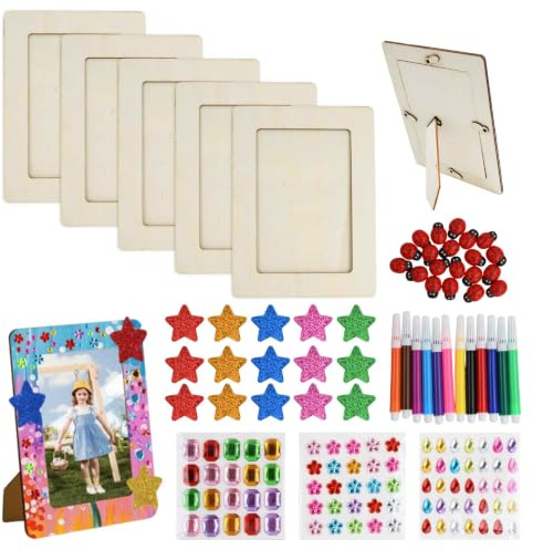 6 stycken träbildsramsset, gör-det-själv träbildsramsset, pysselset med 3 sorter av glitterstenar, stjärnklistermärken, strass, blommor, djur, 12 akvarellborstar för gåvor, dekoration, målning, 20 x