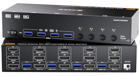 HDMI + 2Displayport KVM Switch 3 Monitors 4 Computers, 8K@60Hz Triple Monitor KVM Switch 4 Computers with 4 USB3.0 Ports, with Wired Remote, Power Adapter and 4 USB3.0 Cables