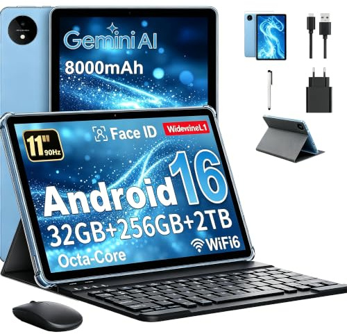 Tablette 11 Pouces avec Gemini AI, Tablette Android 16 avec Coque, Souris & Clavier, Octa-Core, 32 GO RAM + 256 GO ROM + 2 TO TF, 1920x1200 Écran HD, 90 Hz, Caméra Double 8MP + 16MP, 8000 mAh (Bleu)
