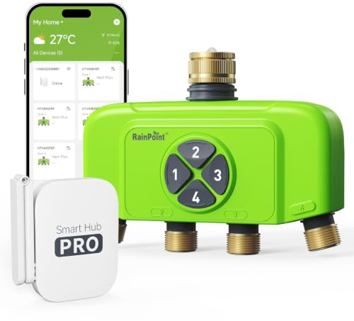RAINPOINT Bewässerungscomputer WLAN mit Gateway, 4 Ausgänge mit Messing EIN-/Ausgang, Wetter- & bodenbasierte Bewässerung, integriertem Durchflussmesser, App- & Sprachsteuerung für Garten und Rasen