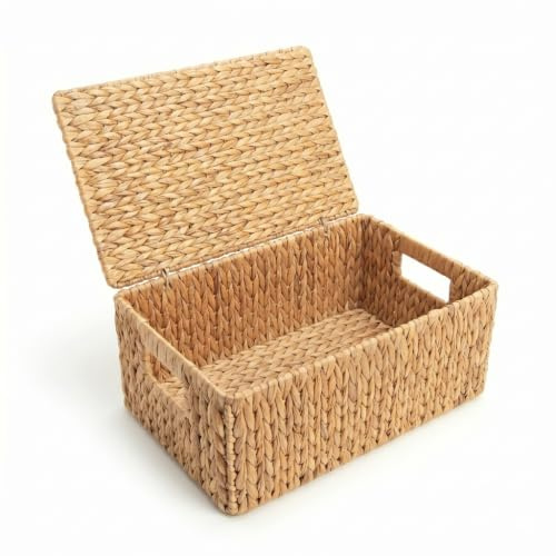 Woodluv Storage Boxes with Lids, Woven Water Hyacinth, Nesting Storage Baskets for Shelves, Gift Hamper Basket | Shelf Hamper Organiser for Bathroom, Bedroom, Kitchen & Home Office, Large