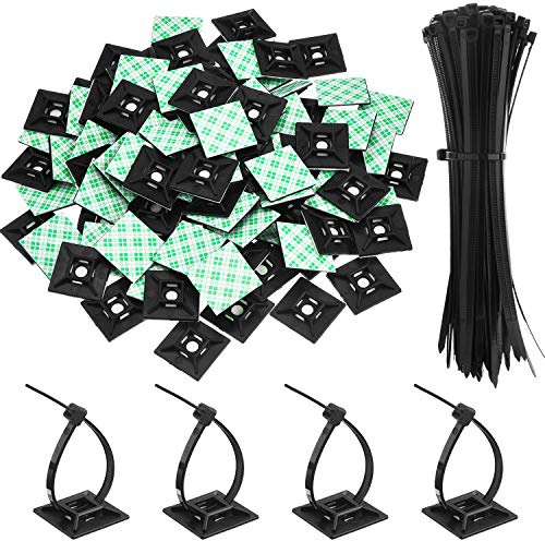 100 Stück Schwarz Kabelbinder Klebebefestigungen Selbstklebende Kabelklemme Basis Halter 1,1 x 1,1 Zoll mit Schwarz Mehrzweck Kabelbinder, 8 Zoll