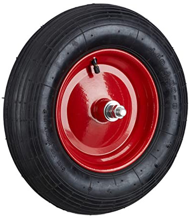 Relaxdays Roue de brouette caoutchouc 200 kg, roue de rechange avec axe, caoutchouc essieu 4.80 4.00-8, noir-rouge