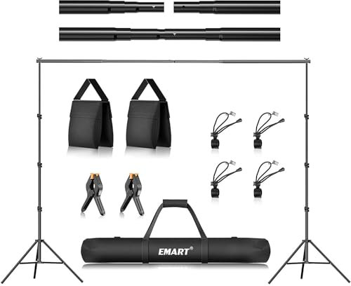 EMART 2,6 m x 3 m justerbar fotobakgrund, stödsystem med 6 klämmor, 2 påsar sand och 1 bärväska för fotostudio, fotografi, livestreaming, fest, bröllop