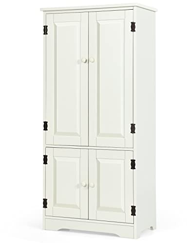 COSTWAY Wood Storage Cabinet, Adjustable Shelves 4-Door Organizer Unit Chest, Large Kitchen Cupboard Tall Floor Sideboard for Living Room Hallway Corner Bedroom (59 x 32 x 123cm, Cream)