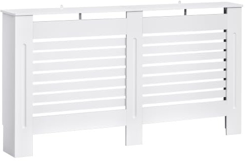 HOMCOM Radiator Cover Modern Cabinet 152L x 19W x 81H cm White | MDF White Painted, Horizontal Slats, for Living Room, Bedroom