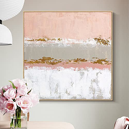 MWMG Acrylbilder Auf Leinwand Handgemalt,Rosa Pastell Textur Goldfolie Minimalismus Moderne Kunstwerke Abstrakte Gemälde Handgemalte Ölgemälde Auf Leinwand Wandkunst Für Wohnzimmer Schlafzimmer Büro