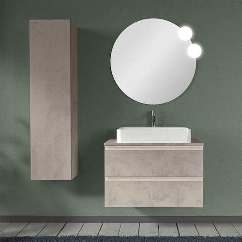 Inbagno Mobile bagno sospeso 80 cm per lavabo da appoggio, serie Master 2 cassetti, completo di top e specchio (Grigio Cemento)