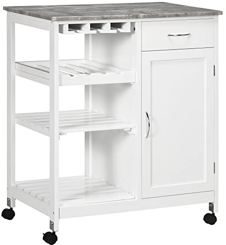 HOMCOM Compact Kitchen Trolley Utility Cart on Wheels, Wine Rack, White