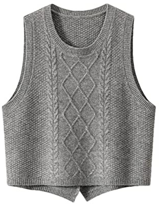 Vsadsau 100% Cashmere Women's Solid Knitted Sweater Vest Short Sleeveless Pullover Sweater Slit Back Gray L