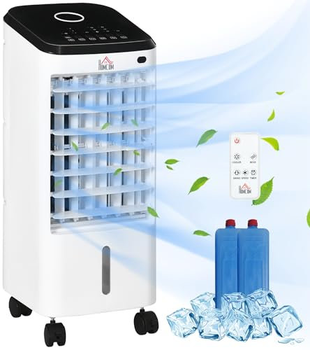 HOMCOM Climatizador Evaporativo Bajo Consumo 3,5L 3 en 1 Humidificador Ventilador 65W Pantalla LED Control Remoto Temporizador Oscilación 3 Velocidades 3 Modos 24,5x27x60 cm Blanco